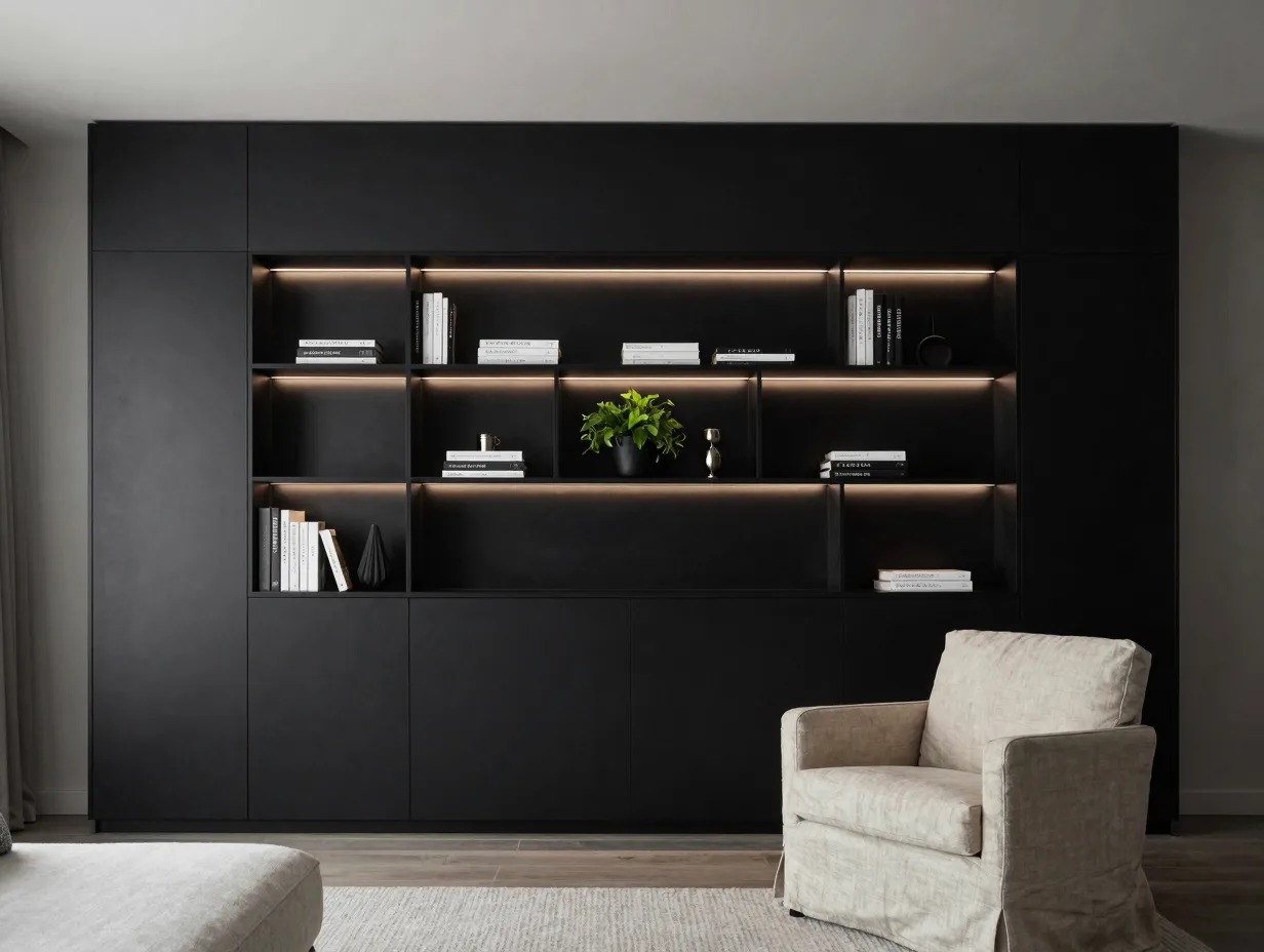 Floor to ceiling black cabinetry as a feature wall