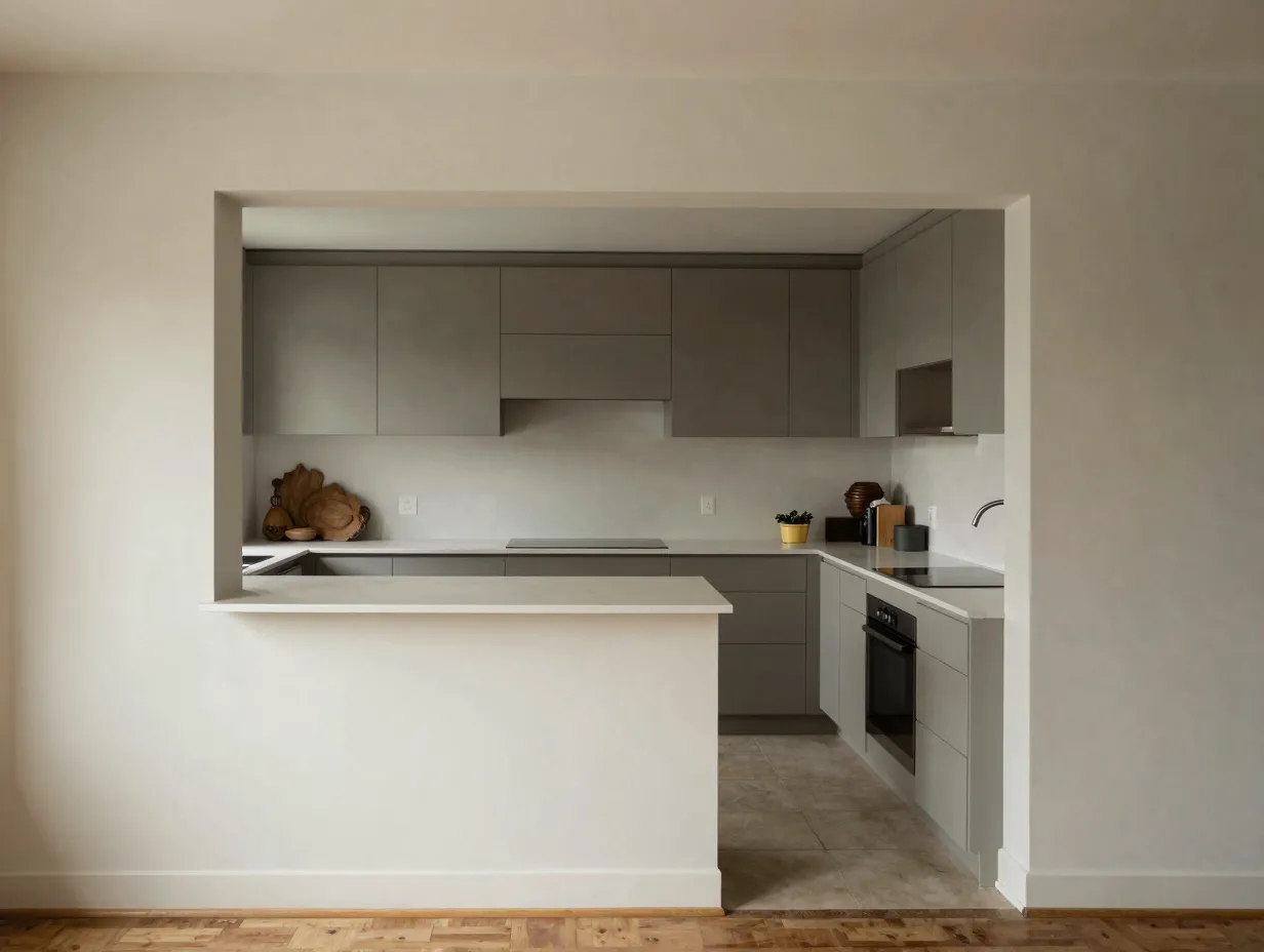 U shaped kitchen with selective wall opening