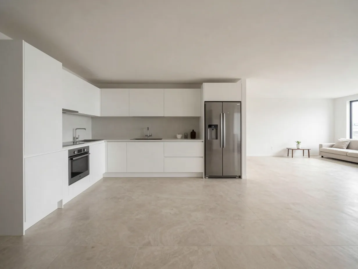 One wall kitchen facing an open living area
