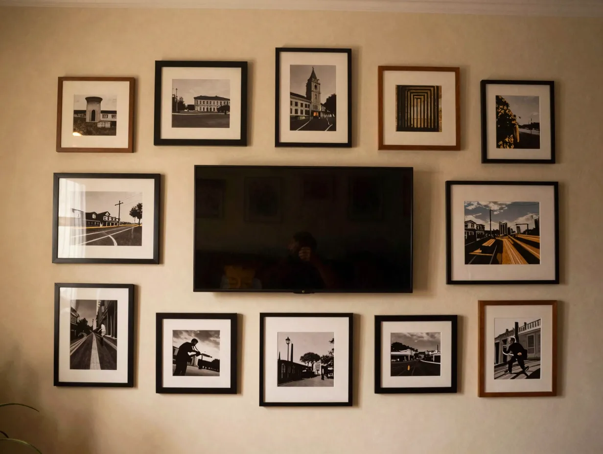 Gallery wall arrangement around the tv