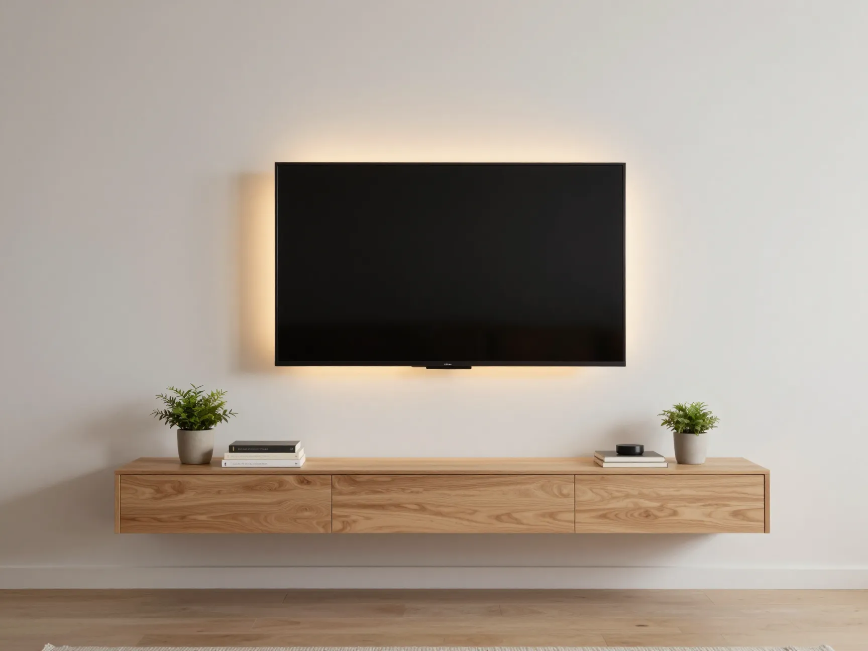 Floating shelves and minimalist tv setup