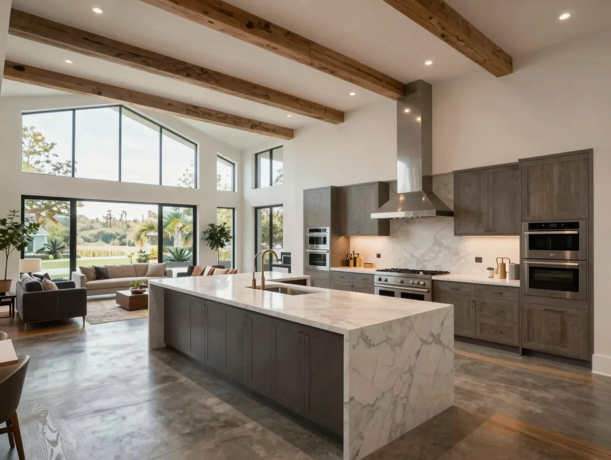 Island centric kitchen with wraparound living zone