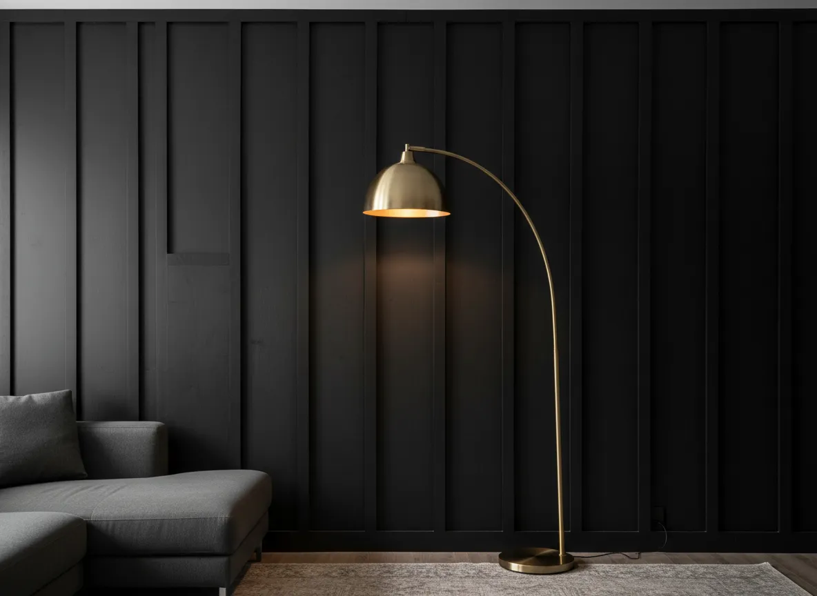 Matte black wall paneling for architectural depth without renovation