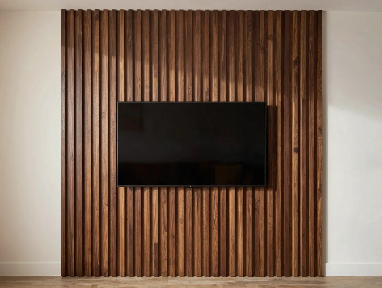 Wood slat panel tv wall