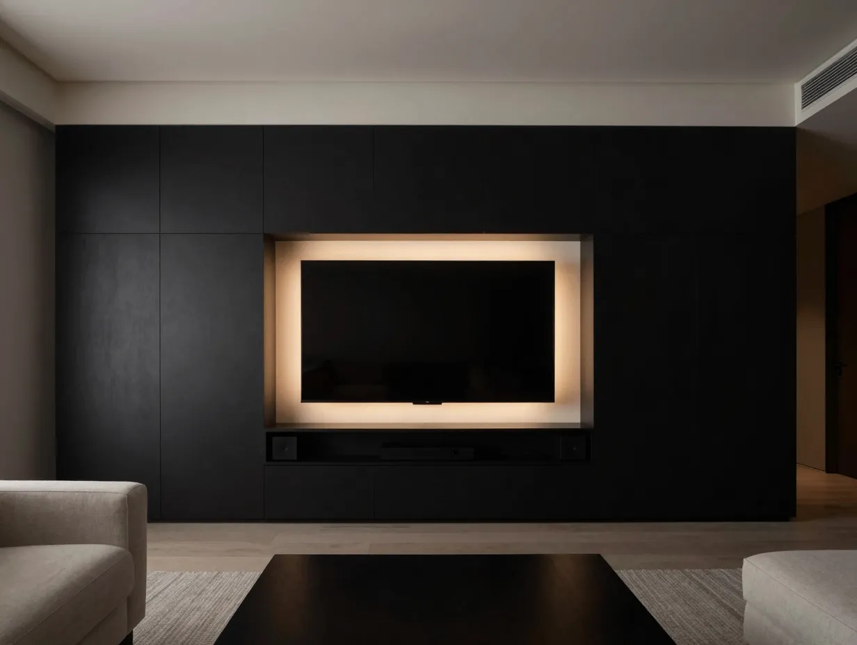 The monolithic black media wall with integrated storage