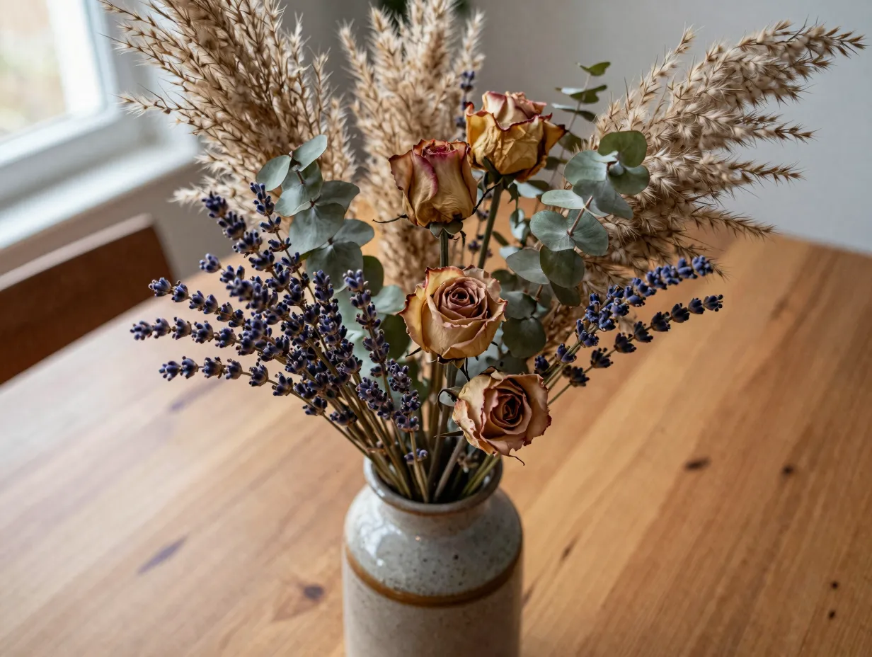 Dried floral arrangements in vases