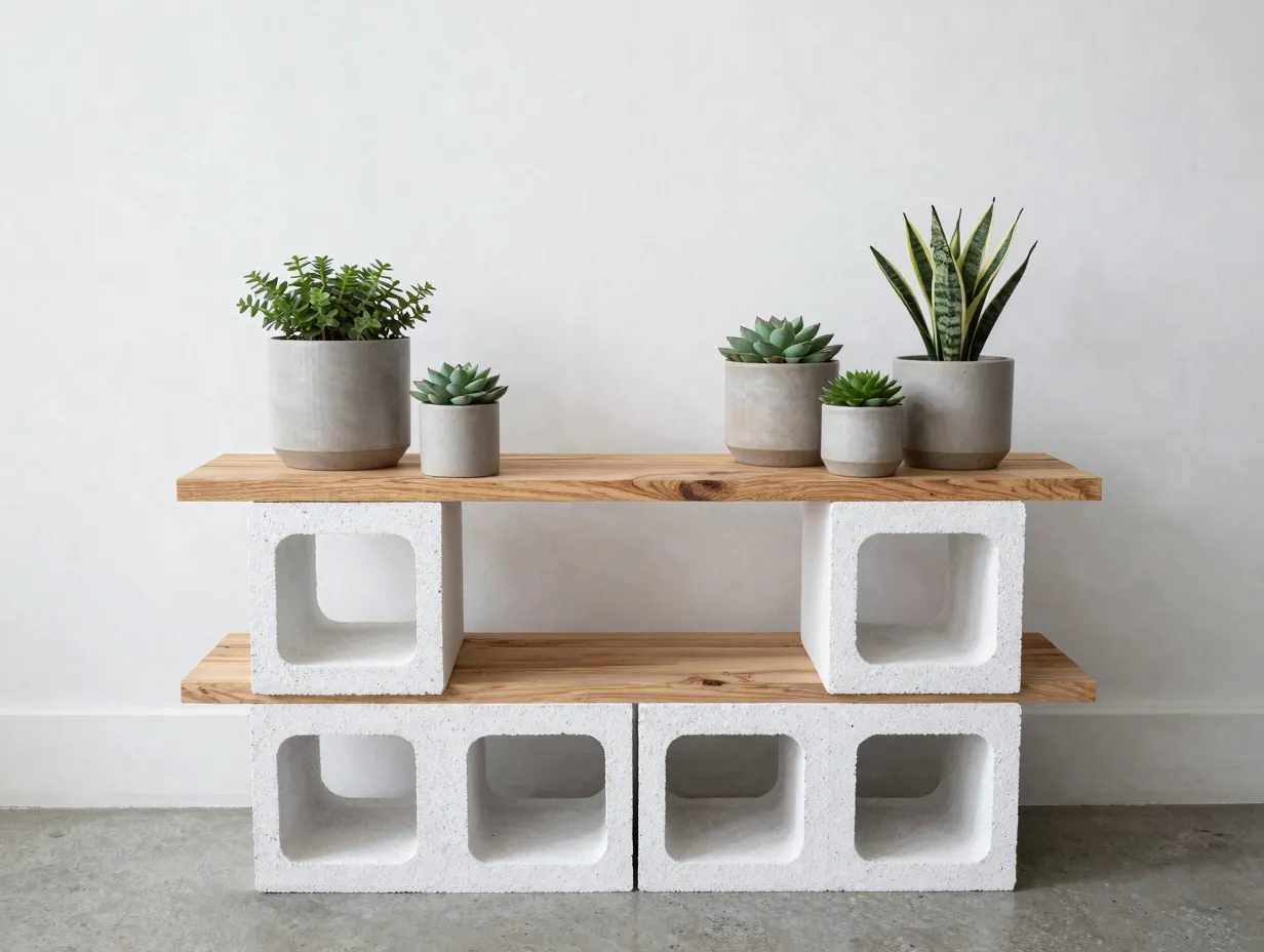 Cinder block and plank shelf stand