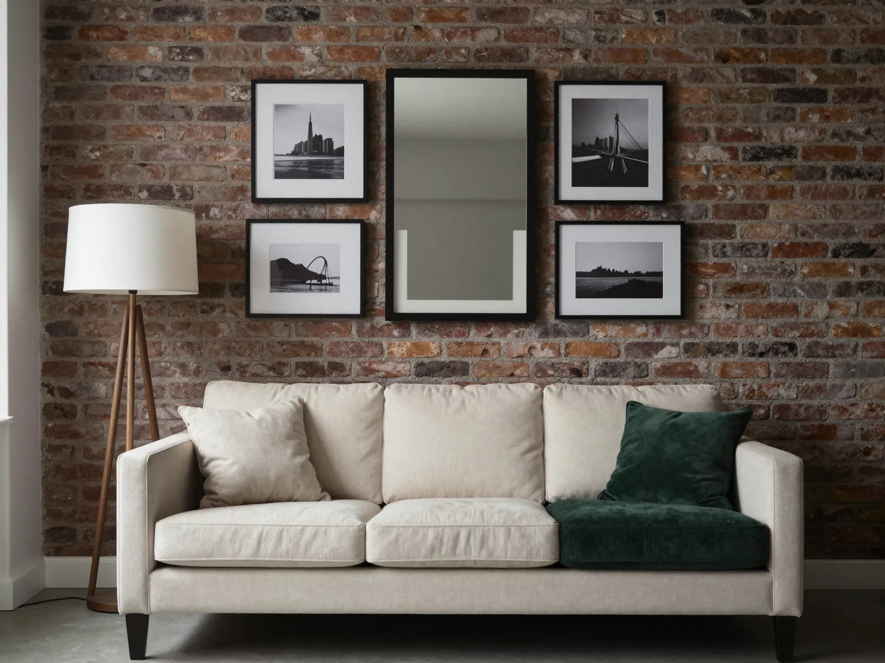 Brick accent wall behind the sofa
