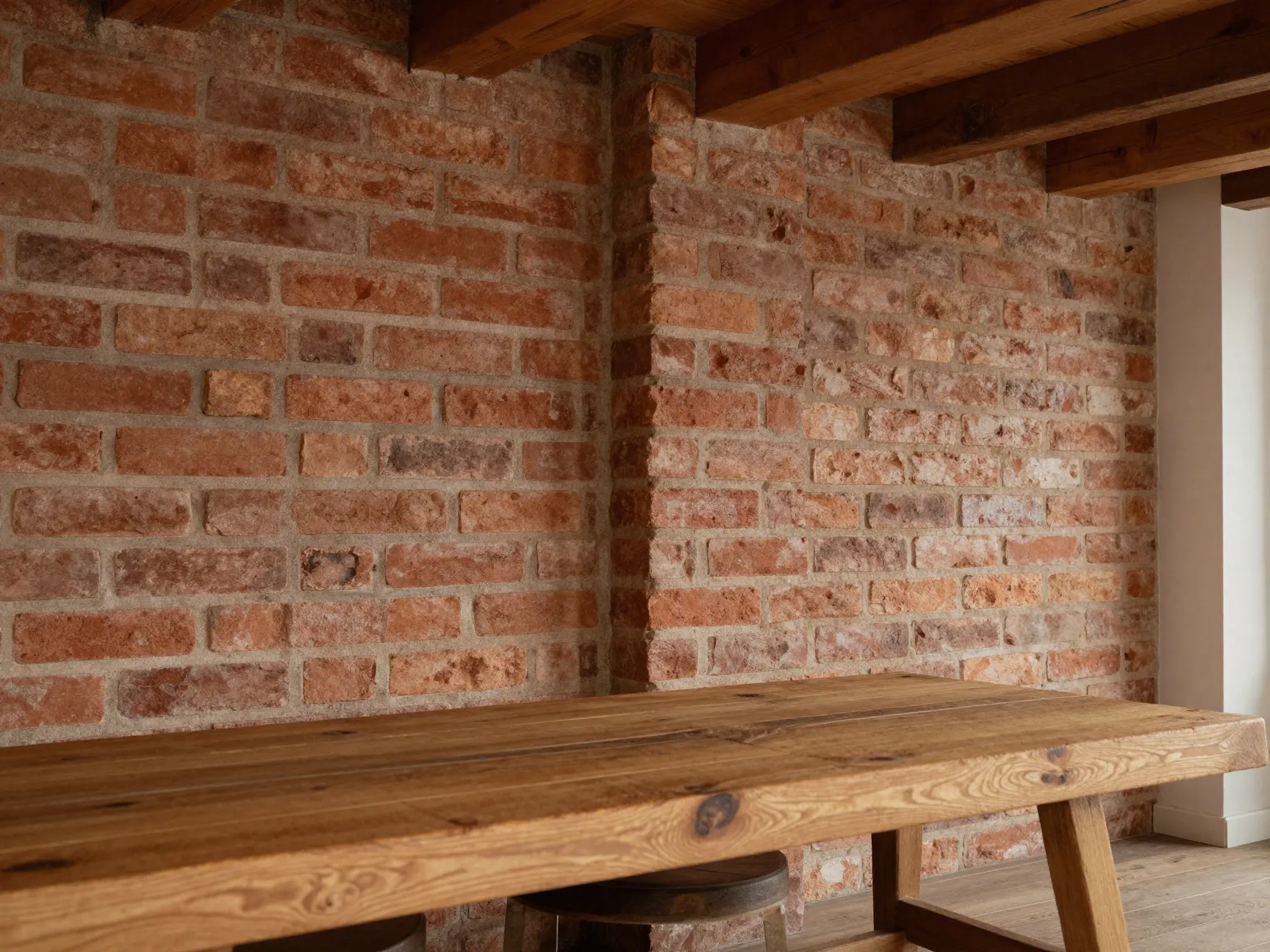 Combining faux brick with natural wood elements