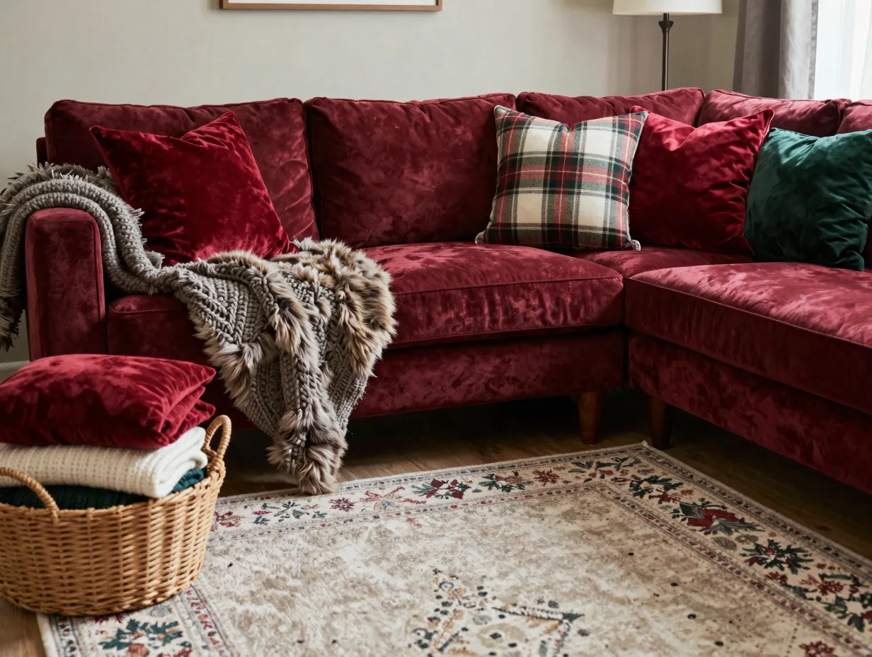 Create a cozy seating area with festive textiles