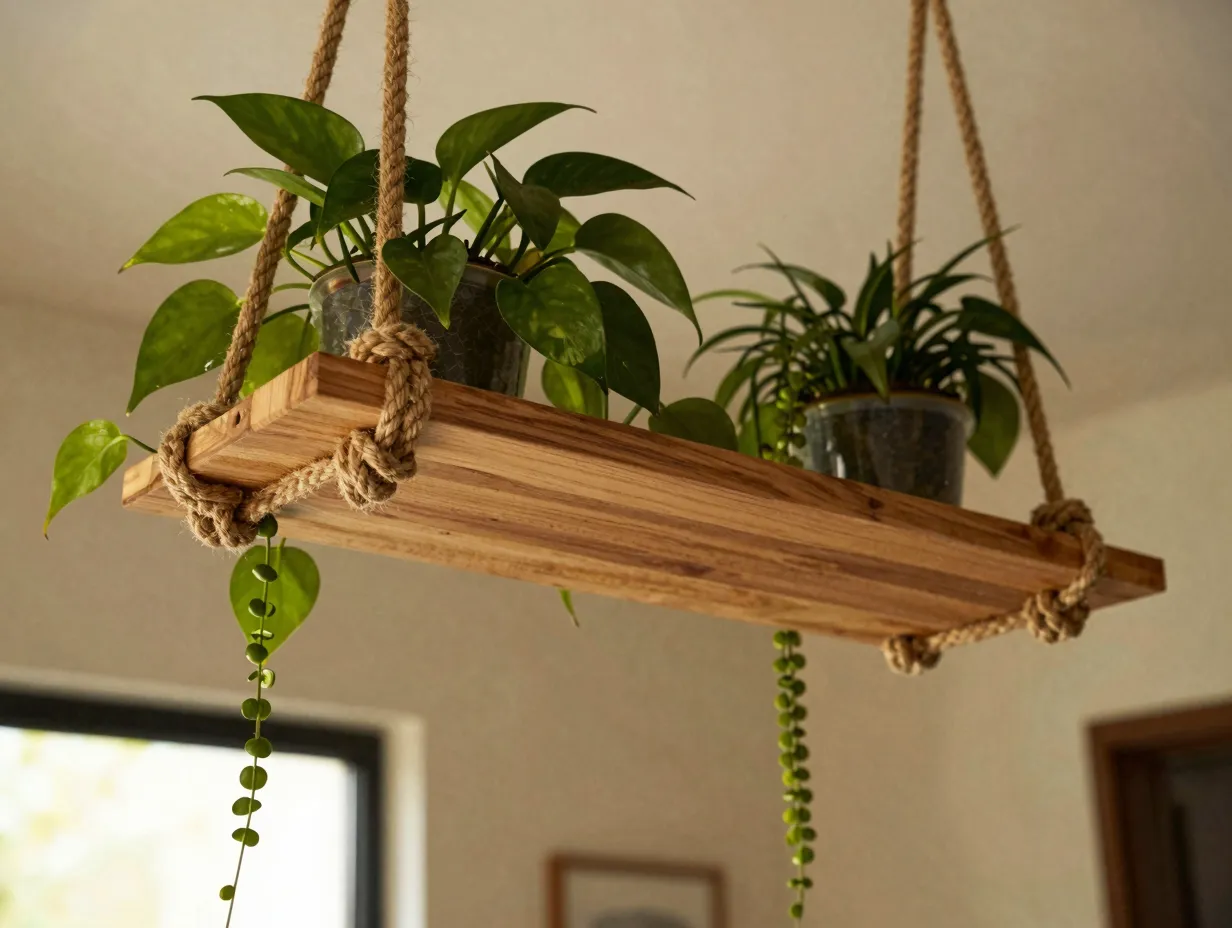 Rope and wood hanging plant shelf