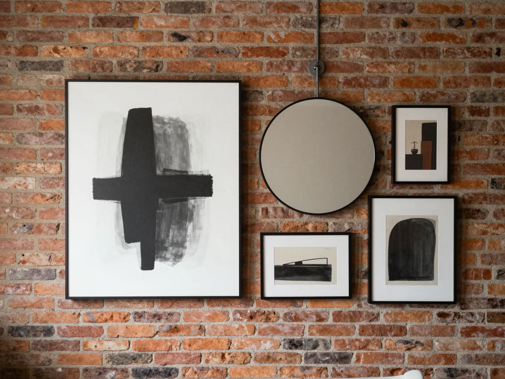 Layering art and mirrors on a faux brick wall