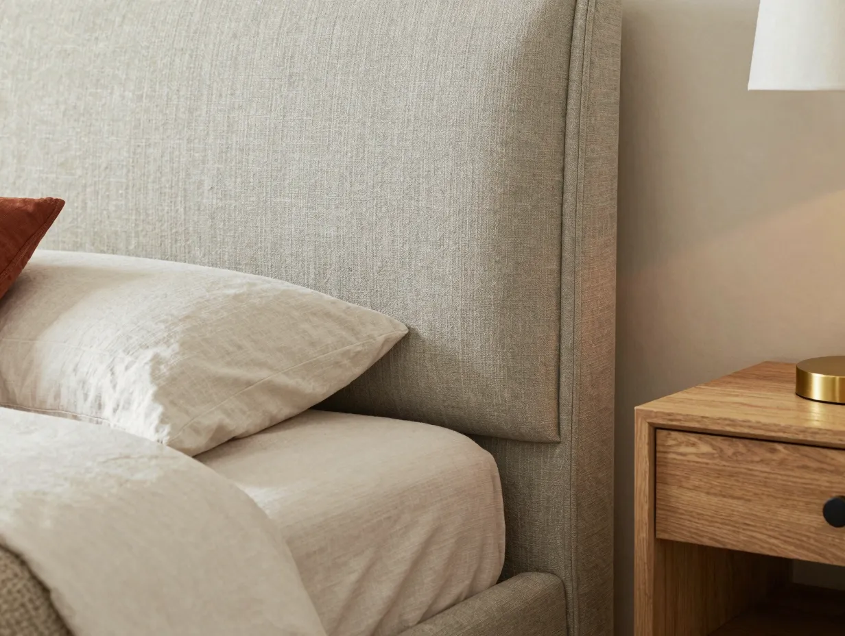 The sage green upholstered bed frame