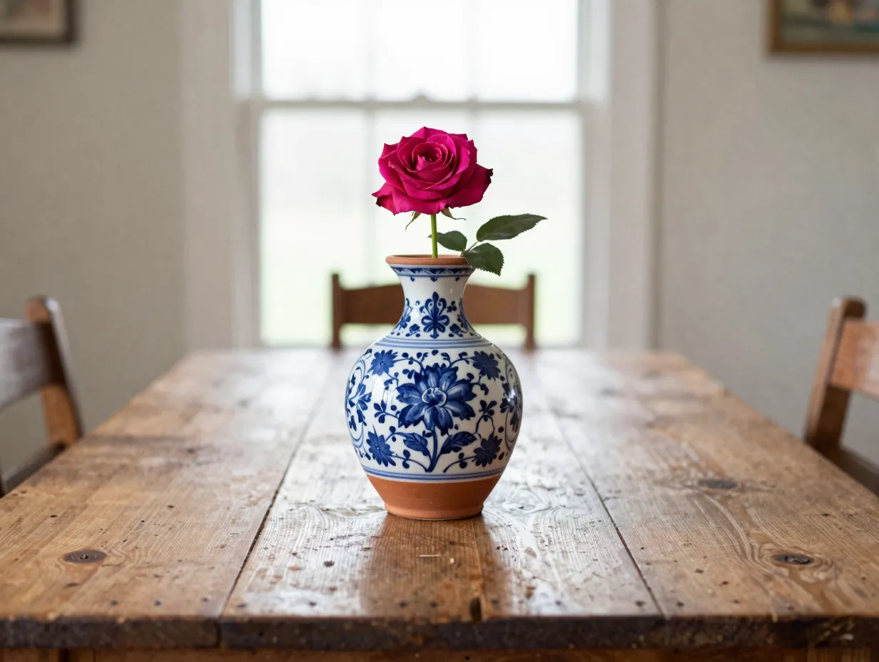 Dolohov round terracotta vase with transferware pattern
