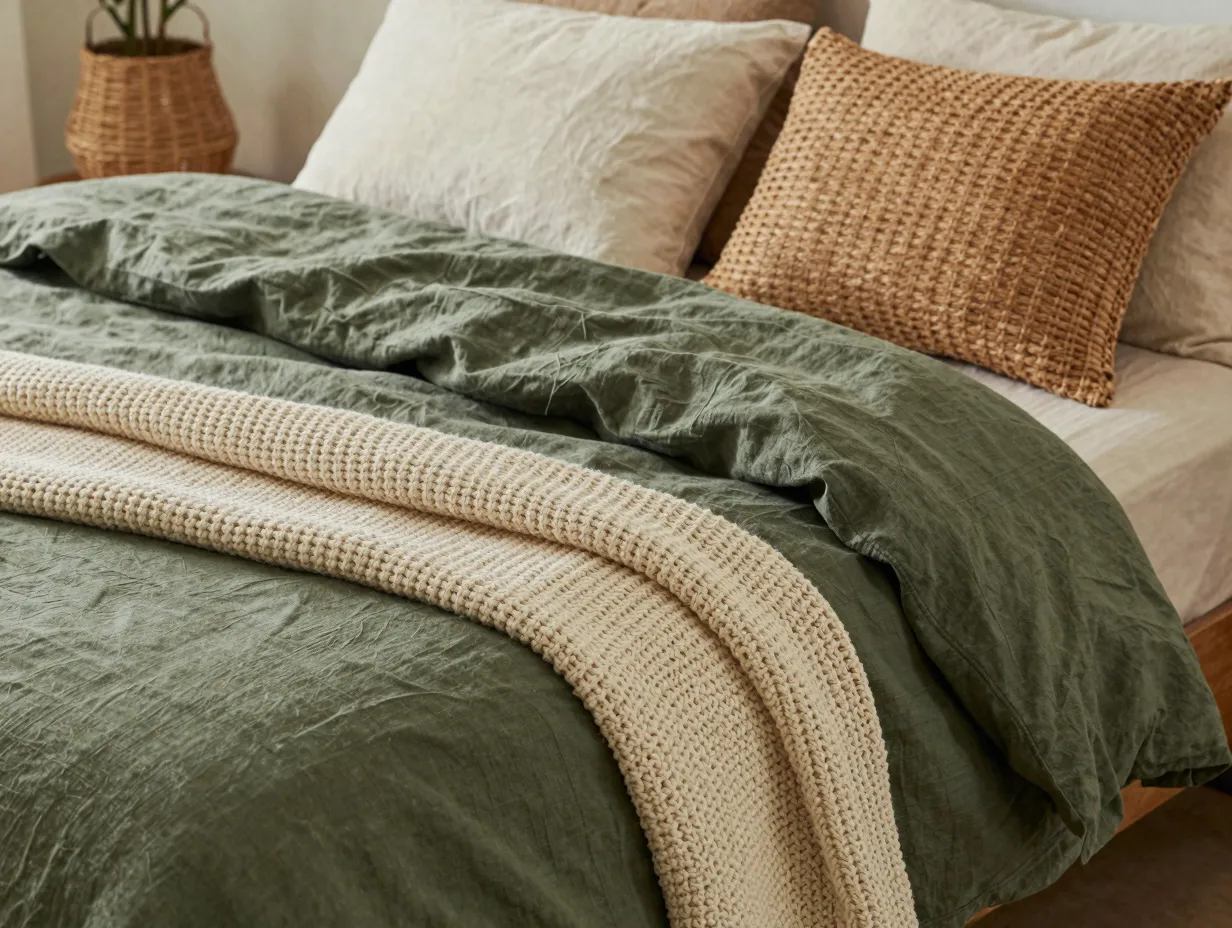 Olive green linen duvet and layered textures