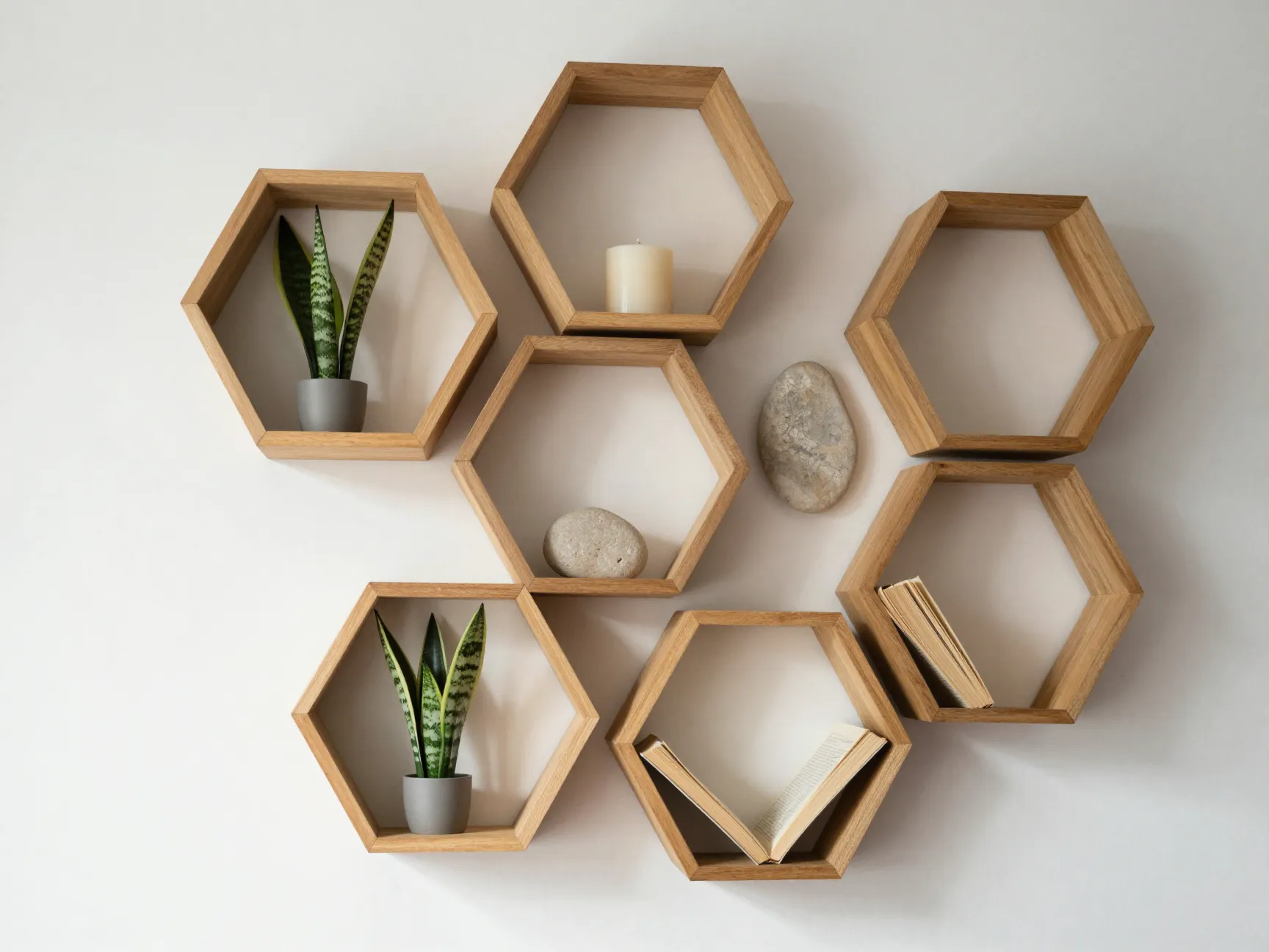 Sculptural and geometric floating shelves as wall art