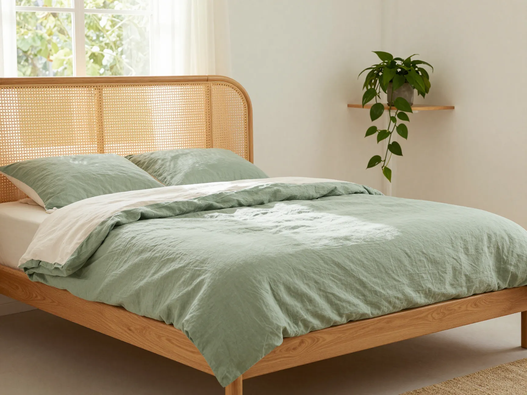 Rattan bed frame with green accents