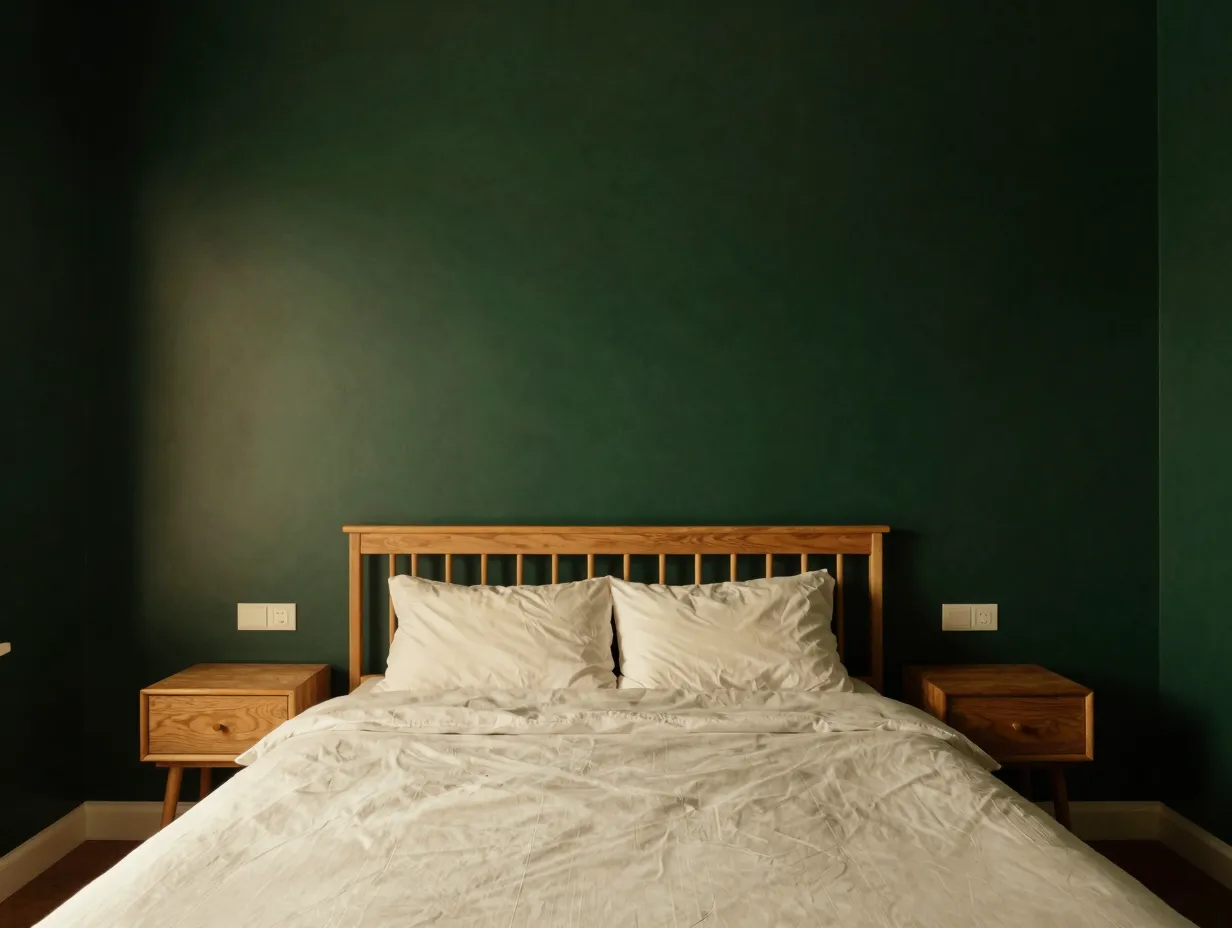 Dark green accent wall behind the bed