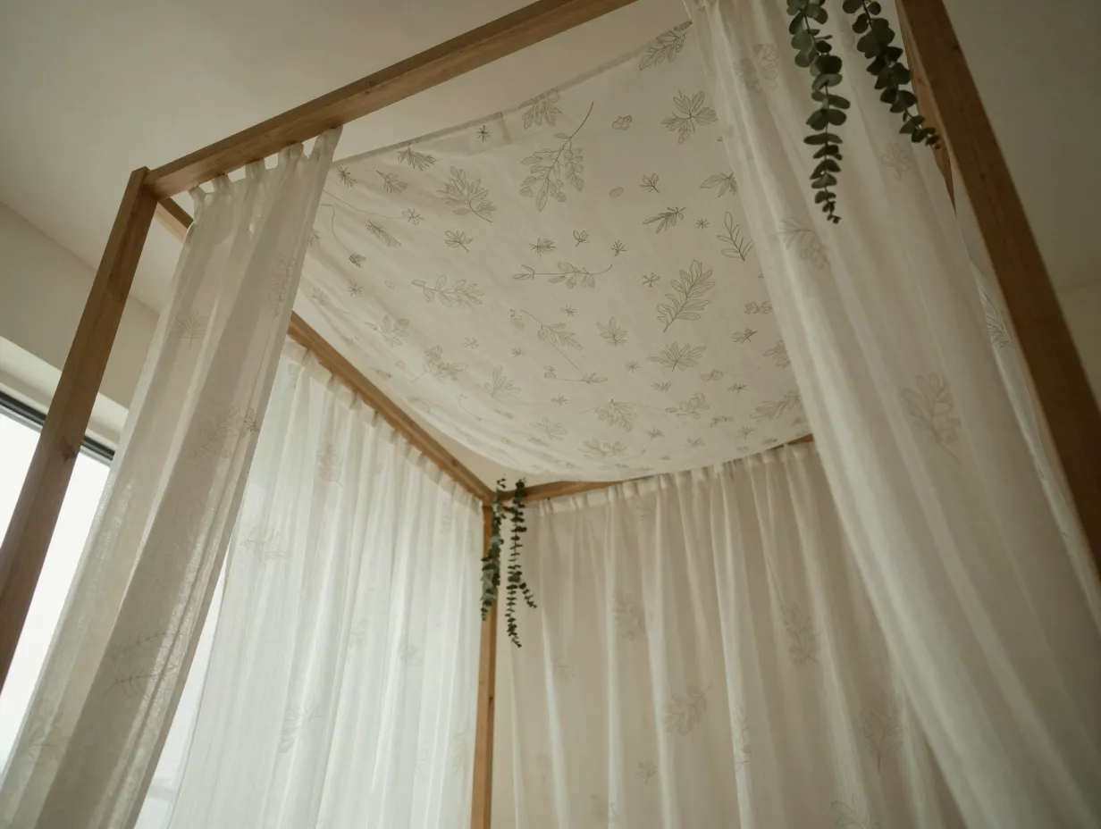Green and white canopy bed with botanical drapes