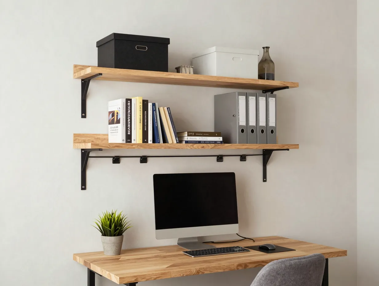 Over the desk floating shelf systems for bedroom offices