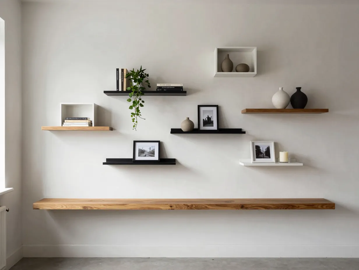 Floating shelf galleries with mixed heights and materials
