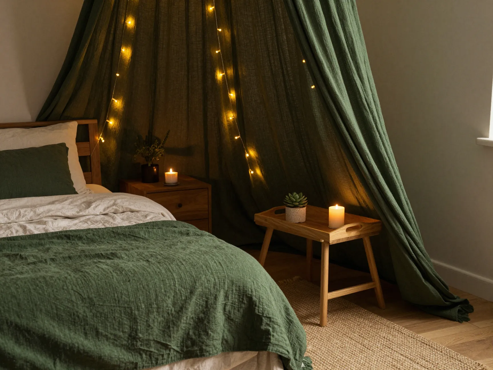 Green bed canopy with string lights and natural materials