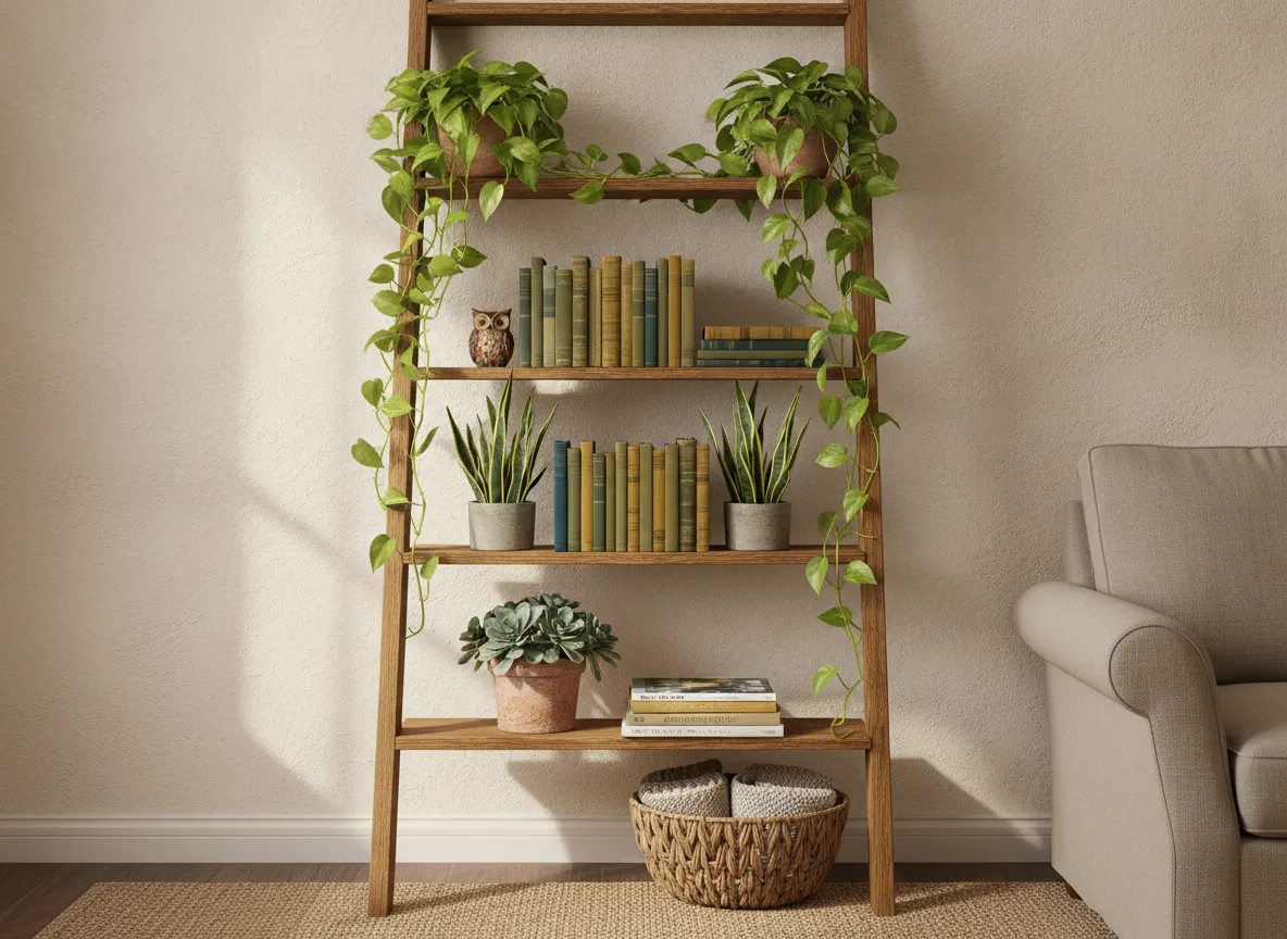 Style bookshelves and ladder shelves with greenery
