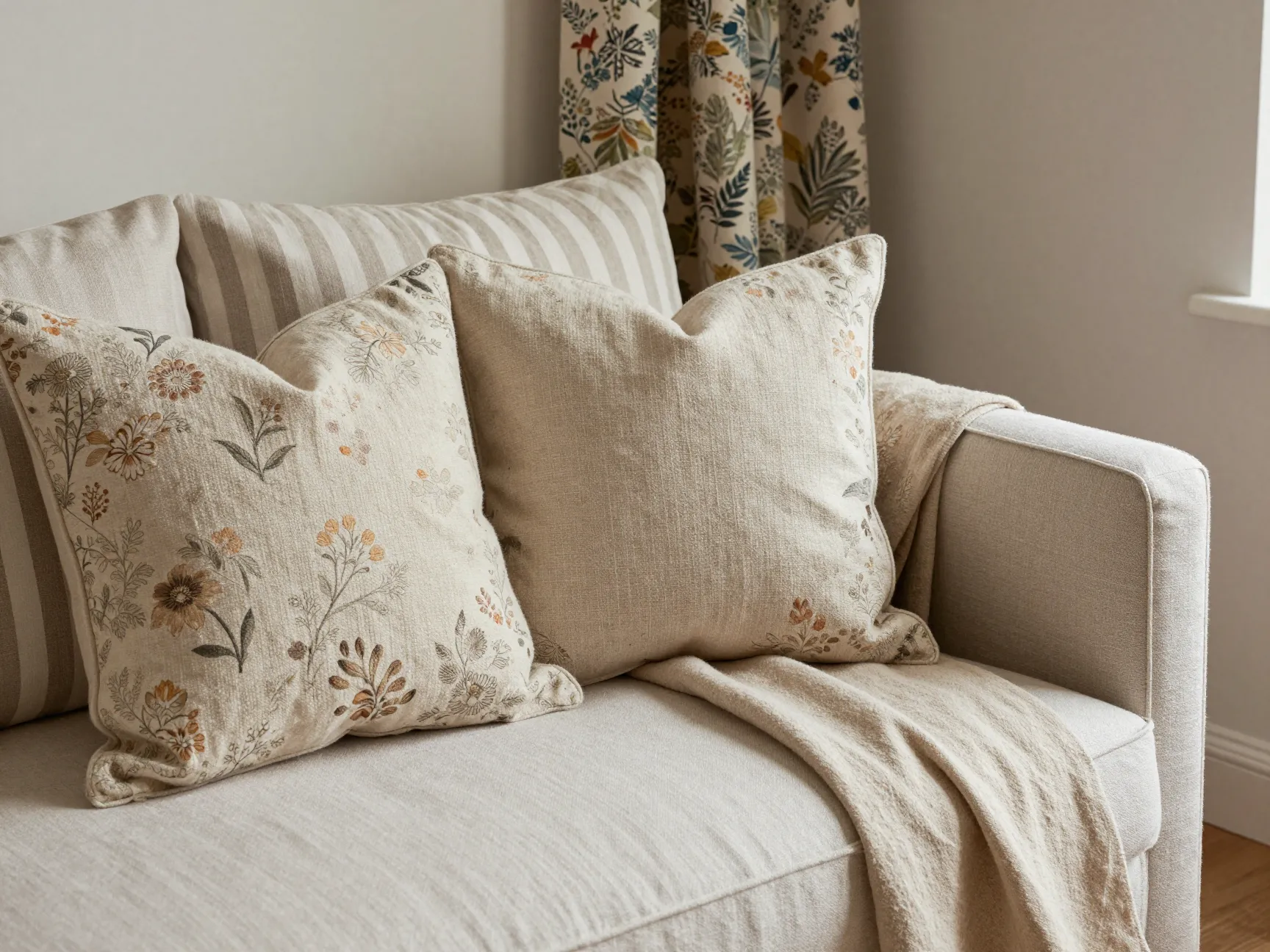 2 layered floral textiles mixed with neutrals