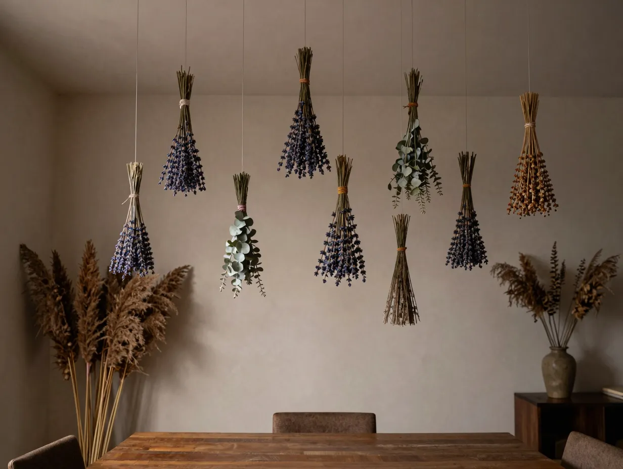 5 dried flower installations and hanging bundles