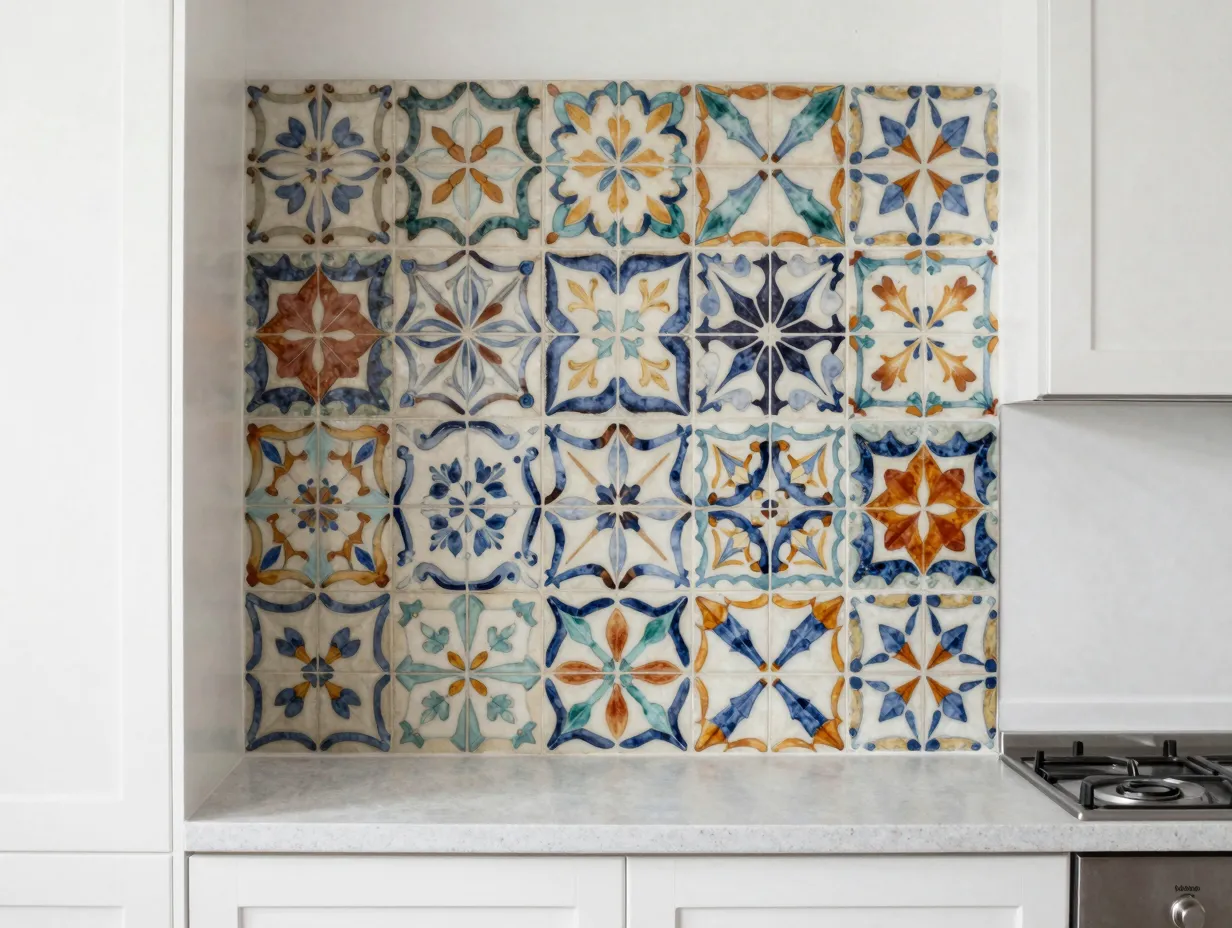 Bold patterned encaustic tiles as a feature wall