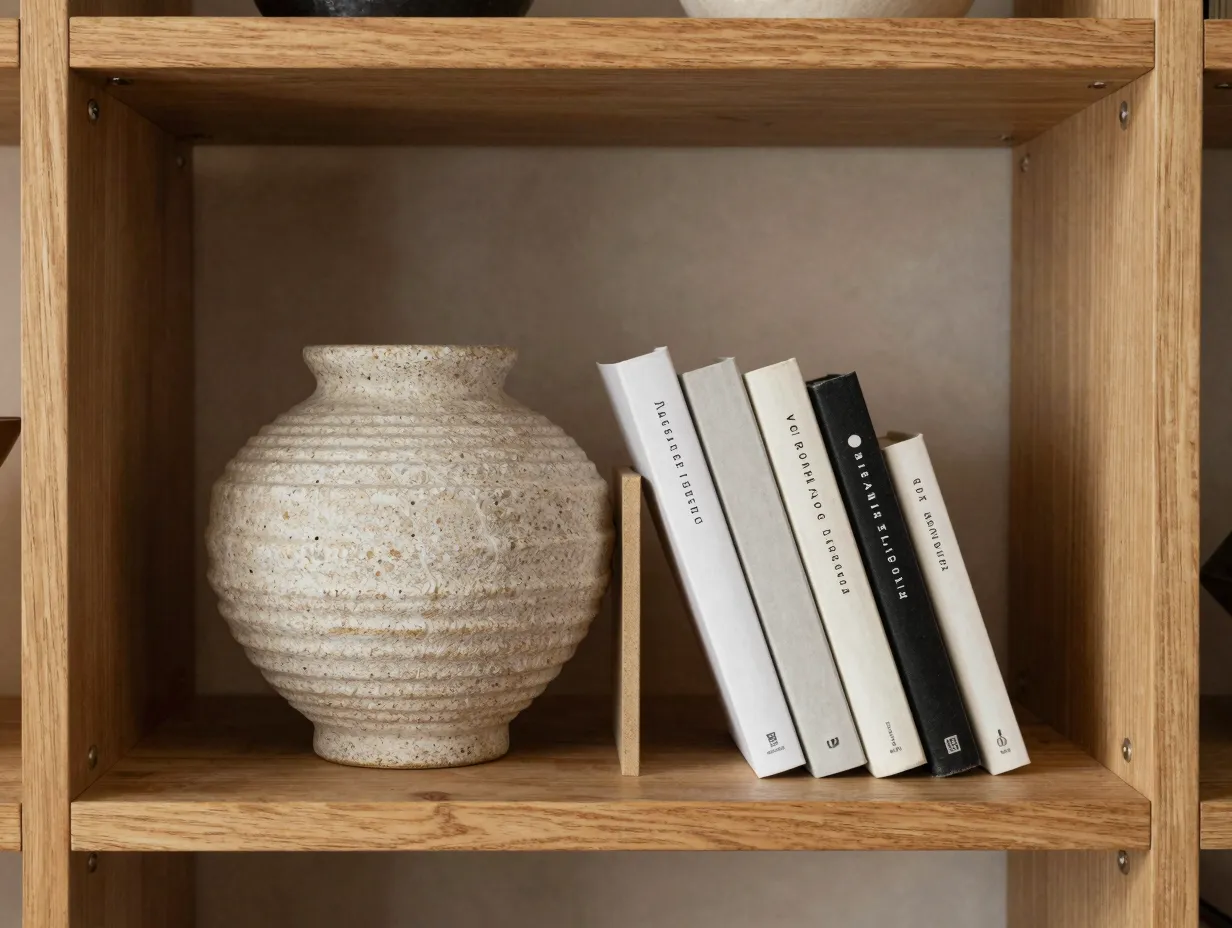 Use a rustic vase as a bookend on open shelving