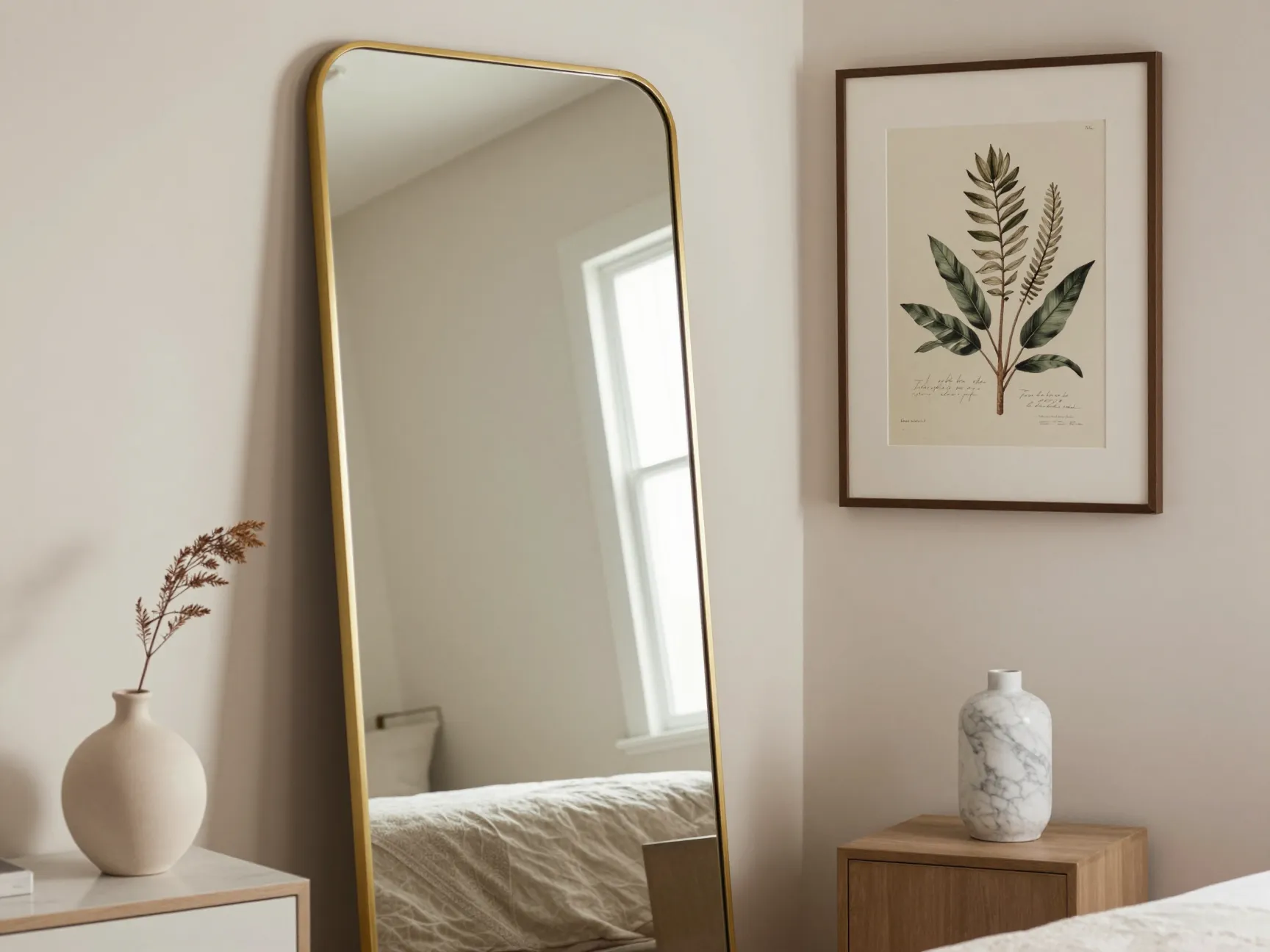 Add a large statement mirror and curated wall art