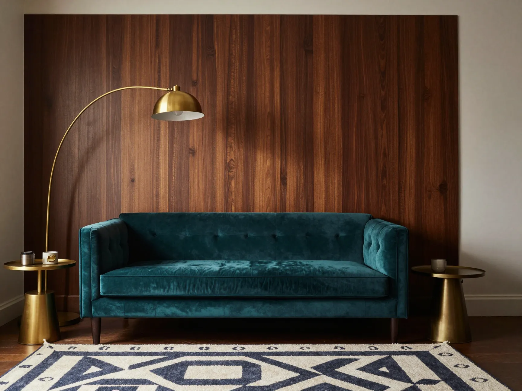 Teal velvet against wood paneled walls