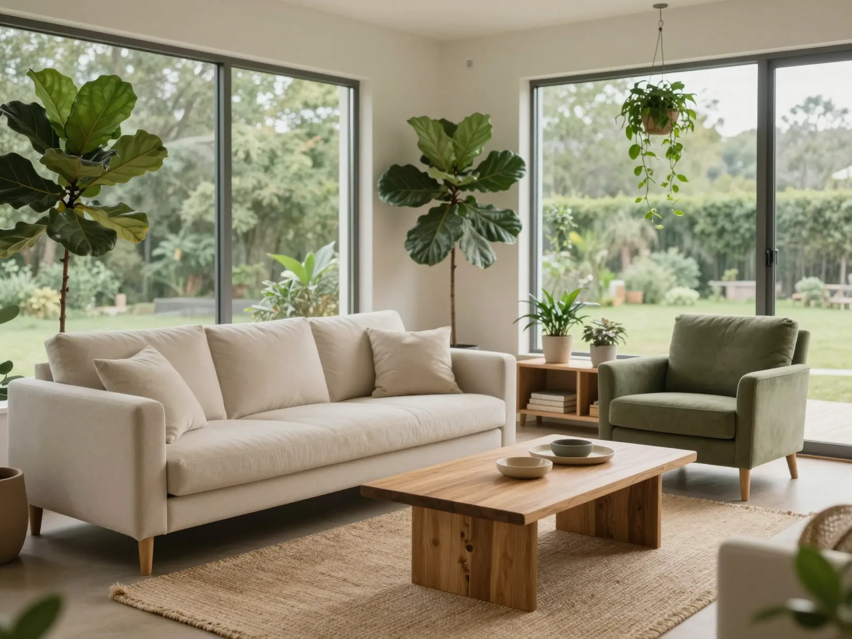 Earthy greens and natural wood for a calm retro look