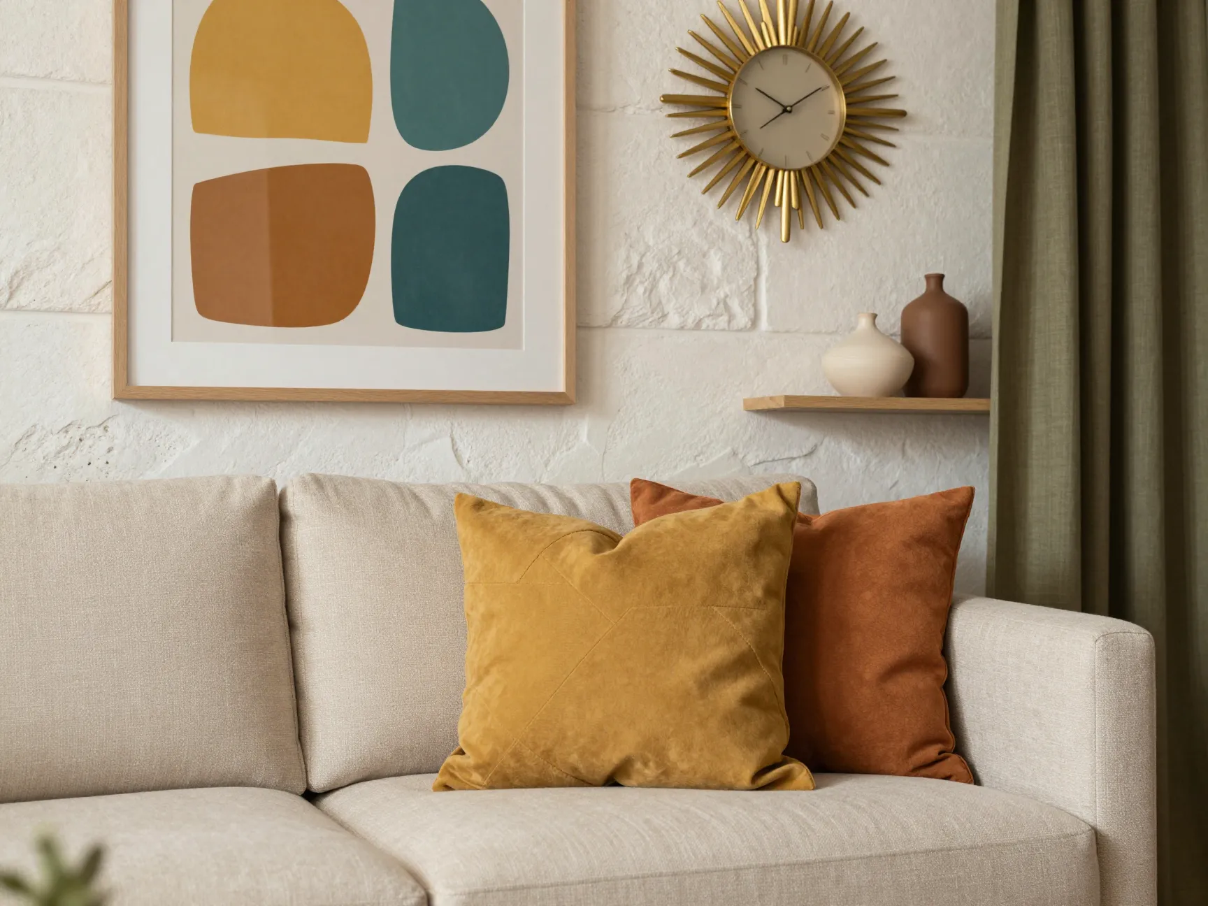 Soft neutrals with retro pops of color through art and accessories