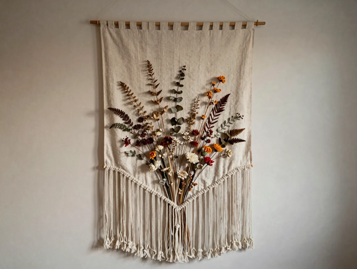 Fabric flower and textile wall hangings