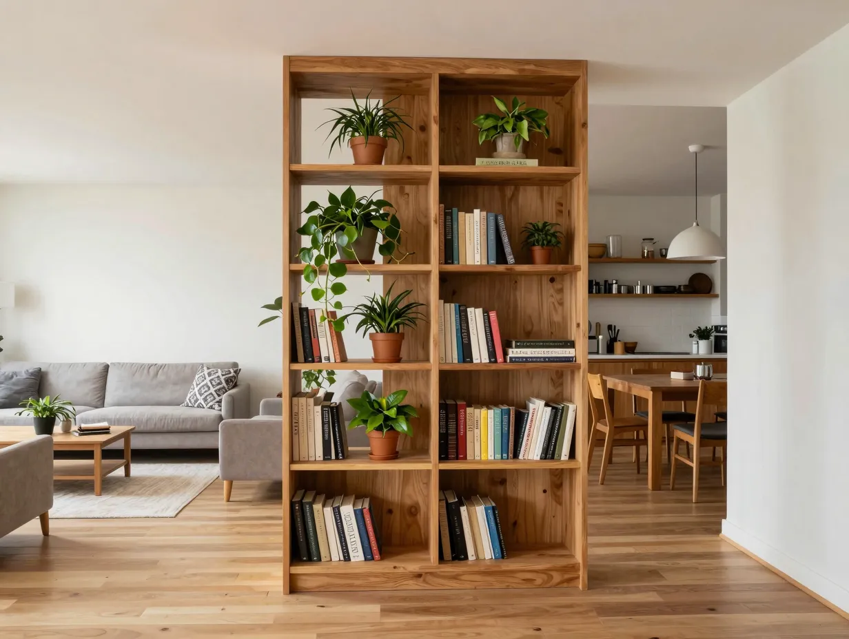 Use a room divider or open shelving unit as a soft partition