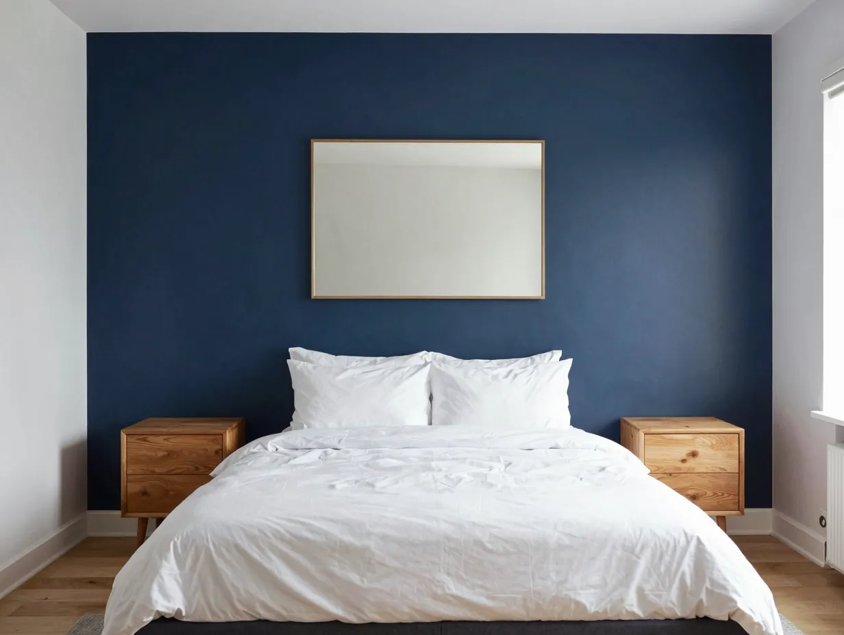 The navy accent wall with crisp white linens