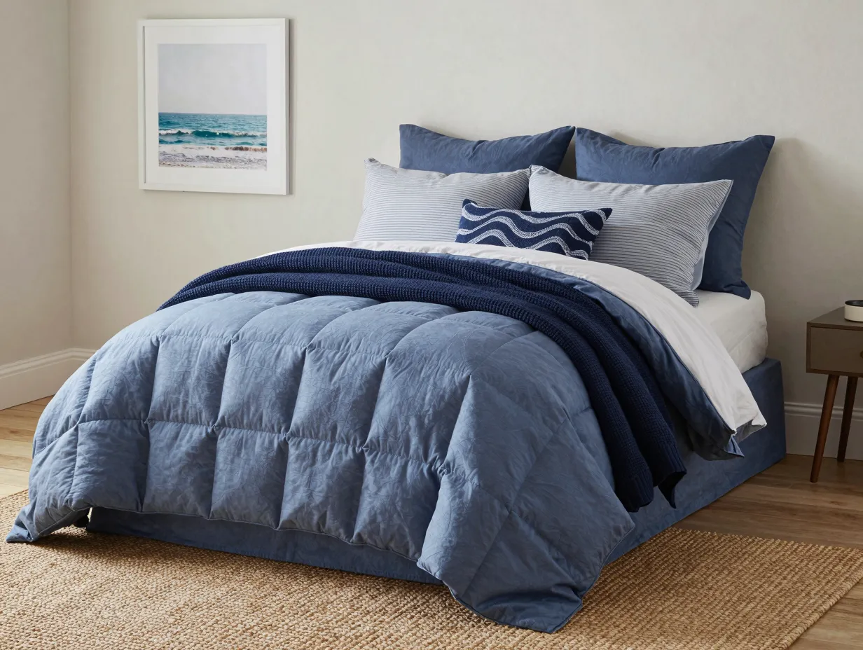The neutral base with blue accent layers