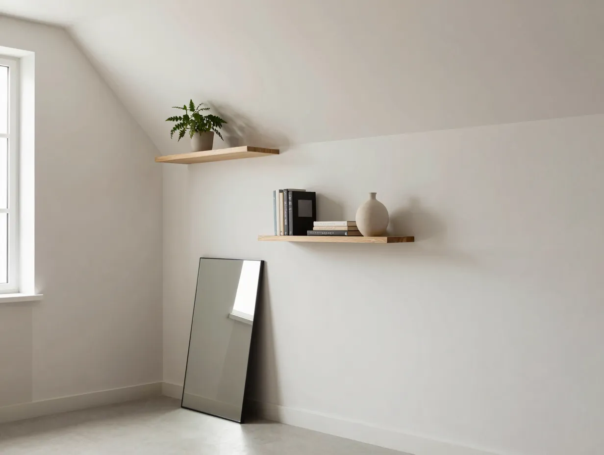 Install floating shelves and wall mounted decor