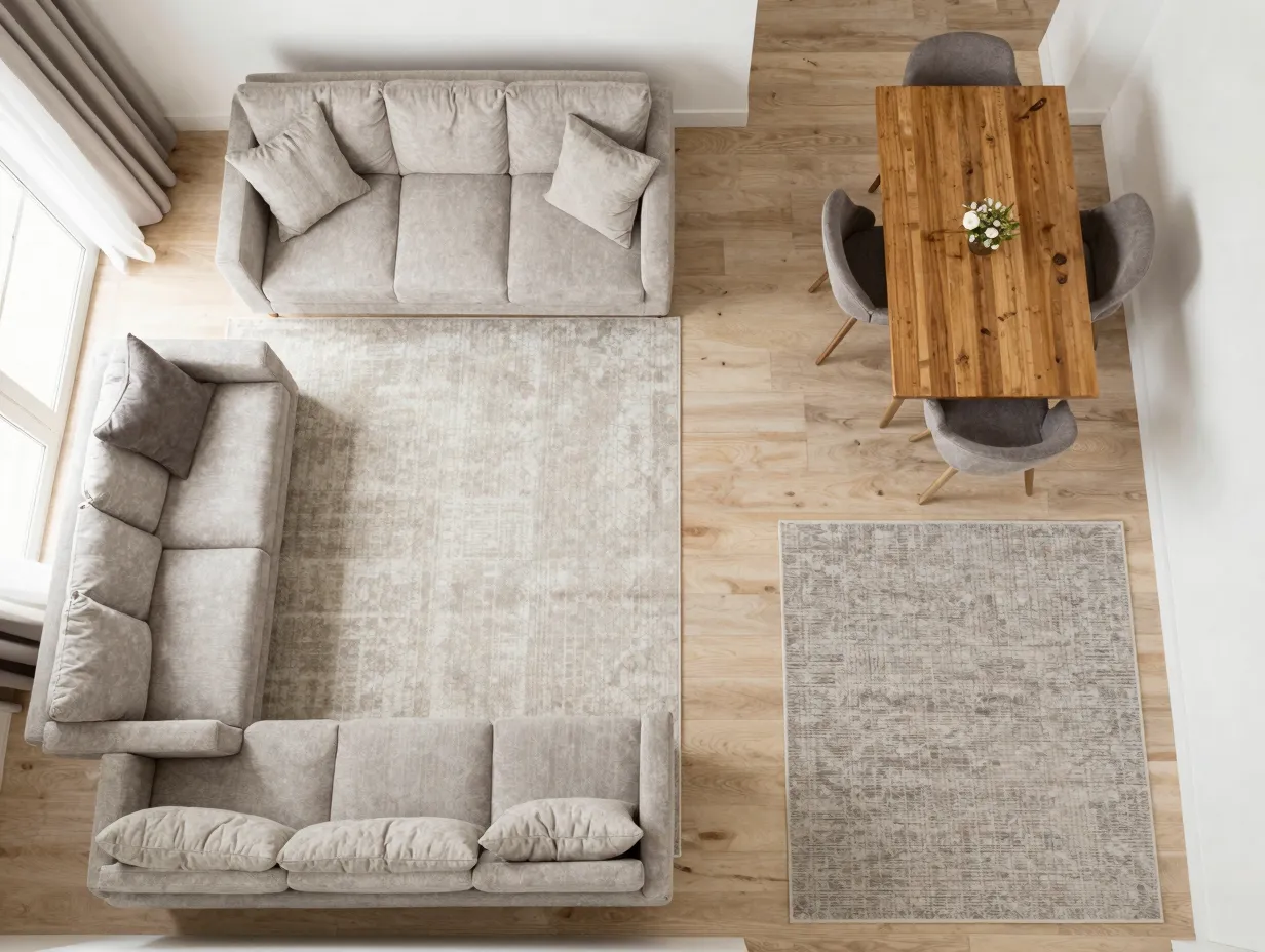 Use area rugs to define functional zones