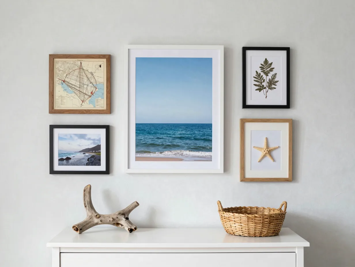 Coastal artwork and decor that ties the palette together