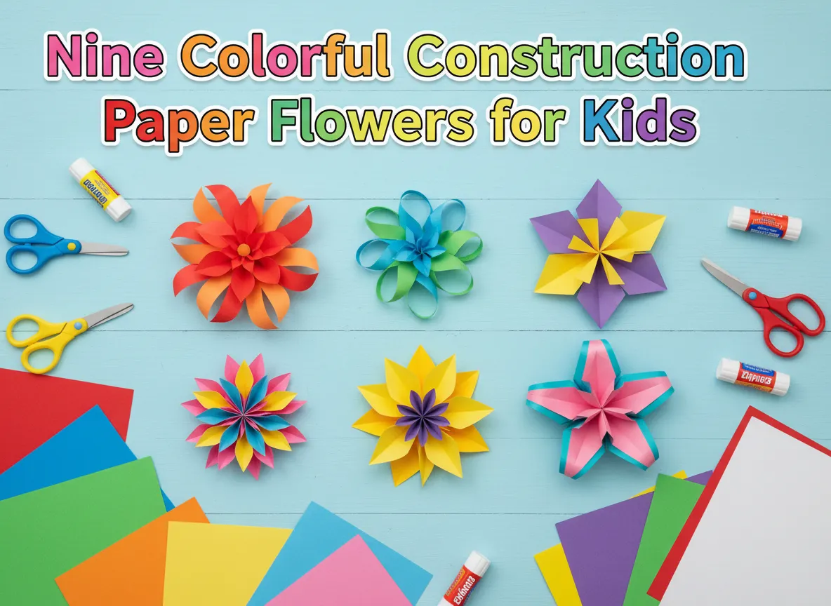 Nine colorful construction paper flowers for kids