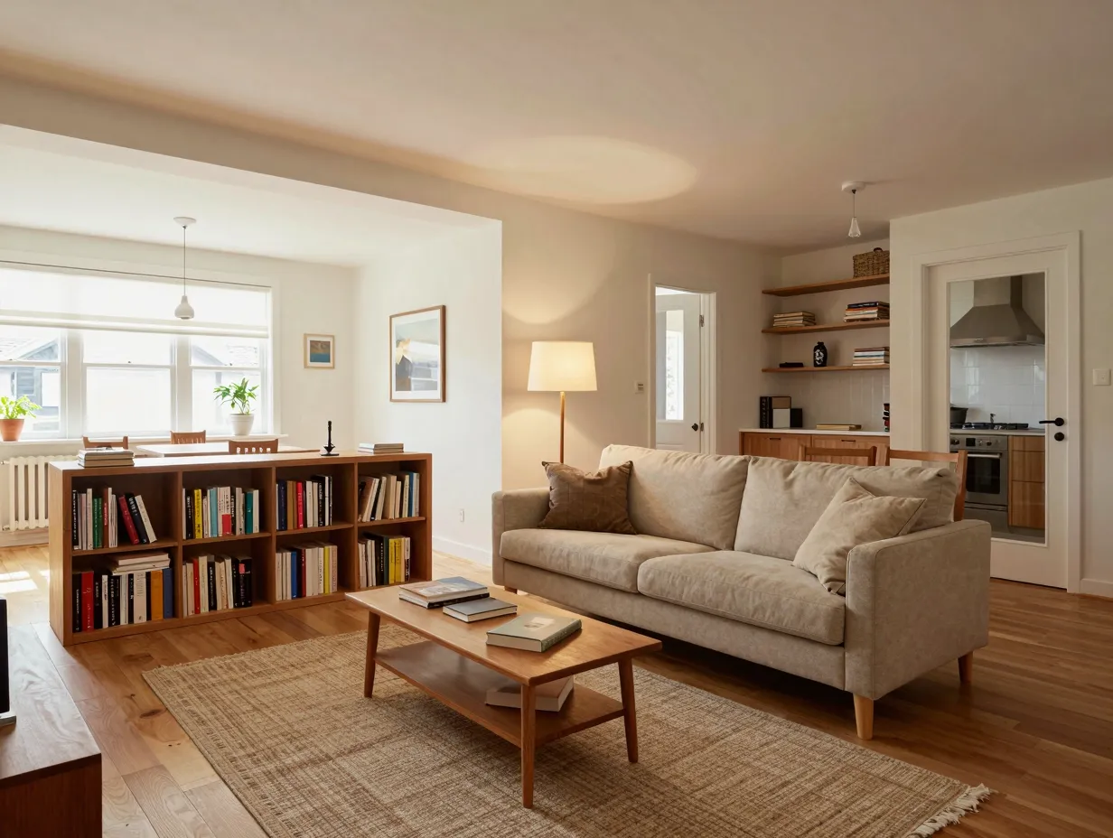 Use rugs lighting and open shelving to zone the space